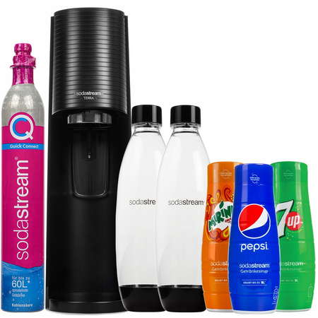 ZESTAW SATURATOR SODASTREAM TERRA BLACK Z 2 BUTELKAMI + SYROPY KONCENTRATY