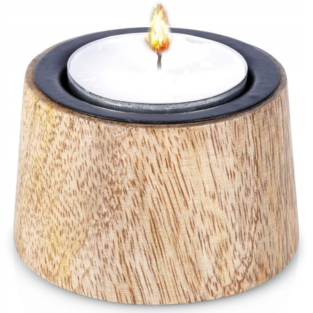 ŚWIECZNIK DREWNIANY METALOWY CZARNY PODSTAWKA NA ŚWIECZKĘ TEALIGHT LOFTOWY