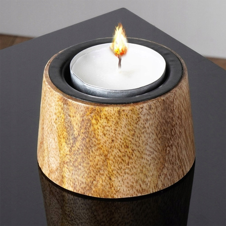 ŚWIECZNIK DREWNIANY METALOWY CZARNY PODSTAWKA NA ŚWIECZKĘ TEALIGHT LOFTOWY