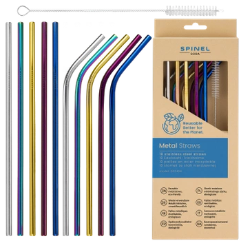 10x METALOWE SŁOMKI SPINEL SODA RURKI WIELORAZOWE DO NAPOJÓW + CZYŚCIK
