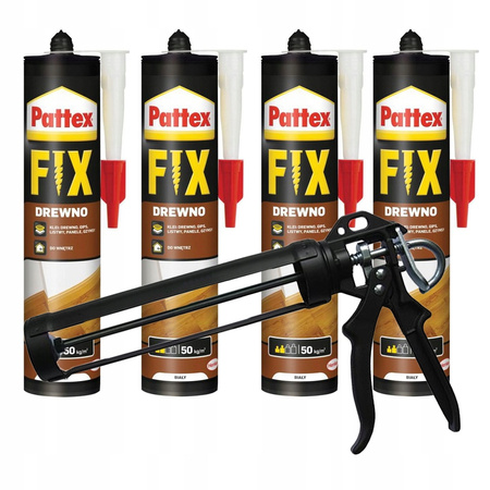 KLEJ MONTAŻOWY PATTEX FIX DREWNO 400G X4 + PISTOLET DO KARTUSZY