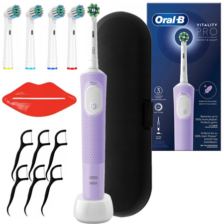 Oral-B Vitality Pro D103 Lilac Violet + końcówki zamienne + etui czarne + wykałączki + usta