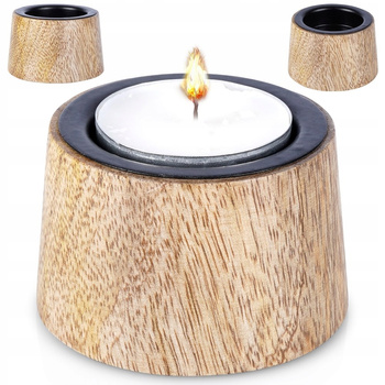 ŚWIECZNIK DREWNIANY METALOWY CZARNY PODSTAWKA NA ŚWIECZKĘ TEALIGHT LOFTOWY