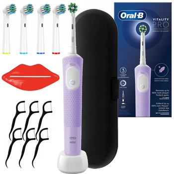 Oral-B Vitality Pro D103 Lilac Violet + końcówki zamienne + etui czarne + wykałączki + usta